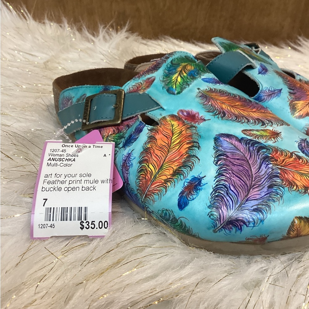 Anuschka Kids Slippers - Blue with Colorful Feathers